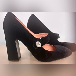 J. Crew Elegant Black Velvet Mary Jane Heels “crystal “ button & glitter soles